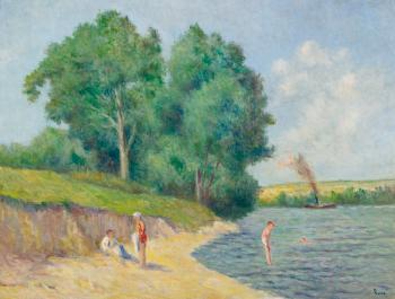 Bateau À Vapeur Sur La Seine Et Baigneurs Au Bord De L'eau by Maximilien Luce