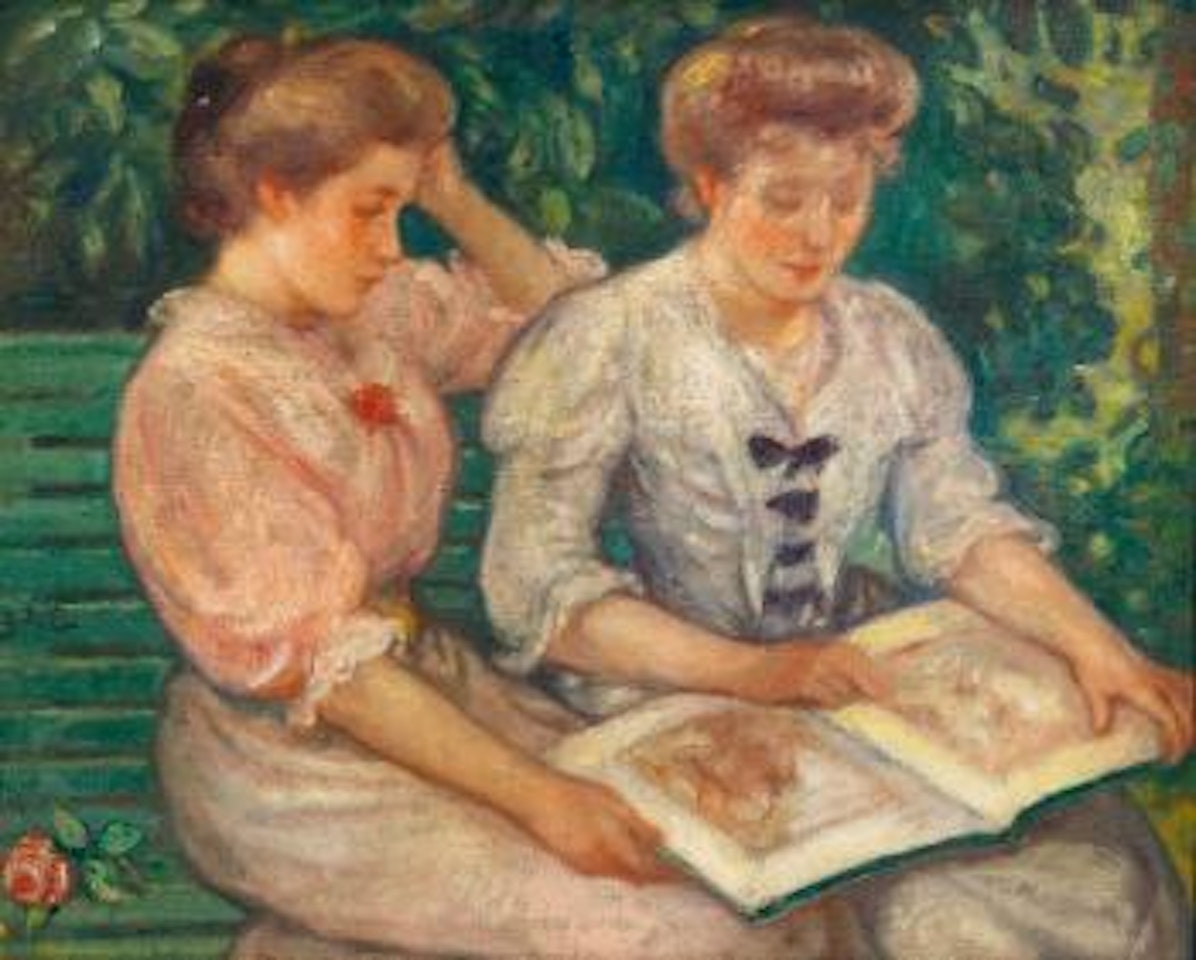 Blanche Viau Et Alice Viau (Deux Jeunes Filles Lisant Sur Un Banc) by Georges d’Espagnat