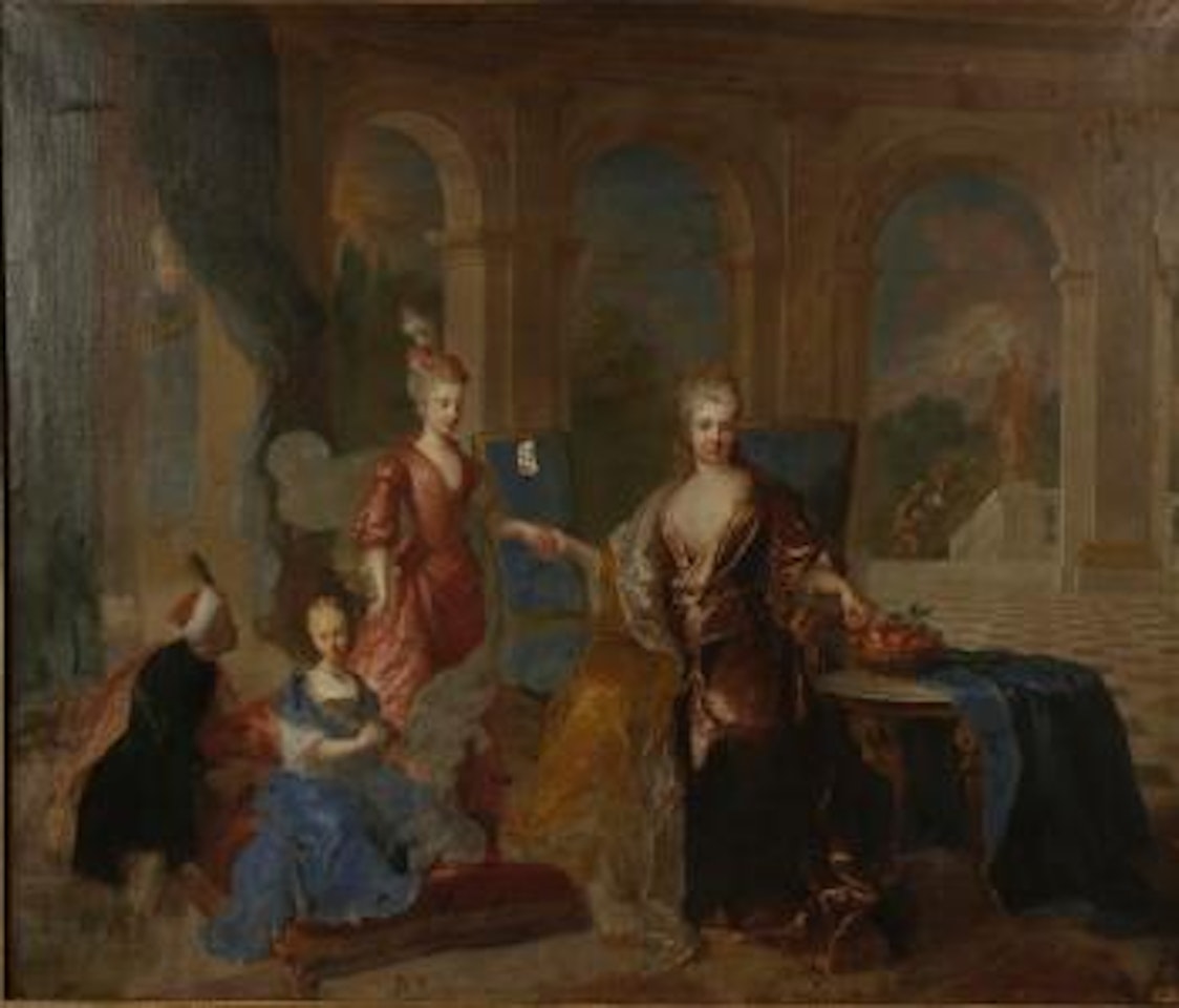 A portrait group of a noble woman and her daughters in a palatial interior by Jean François de Troy