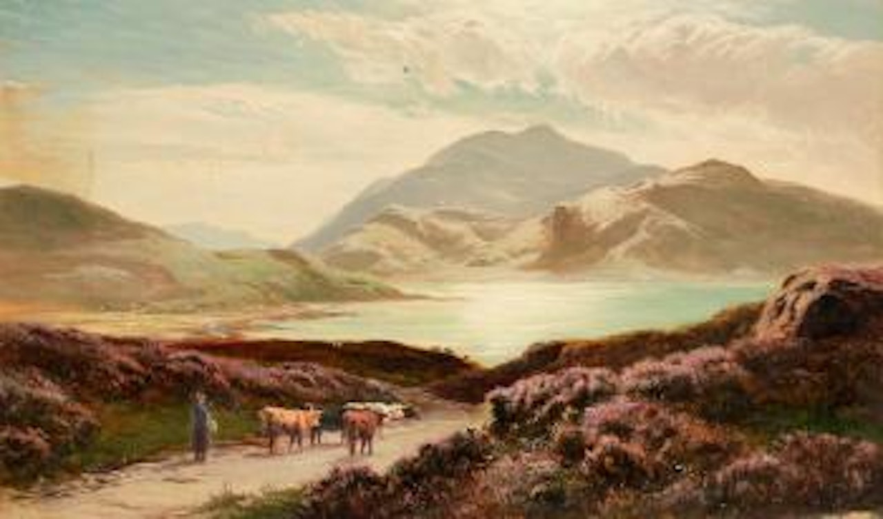 A figure leading cattle down a loch side path by Sidney Richard Percy