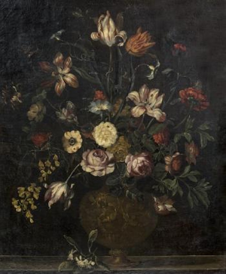Bouquet de fleurs sur un entablement avec un papillon by Pieter Hardime