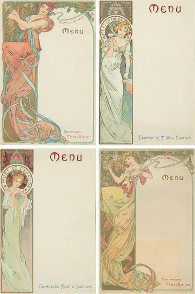 Four Moët & Chandon Menus by Alphonse Mucha