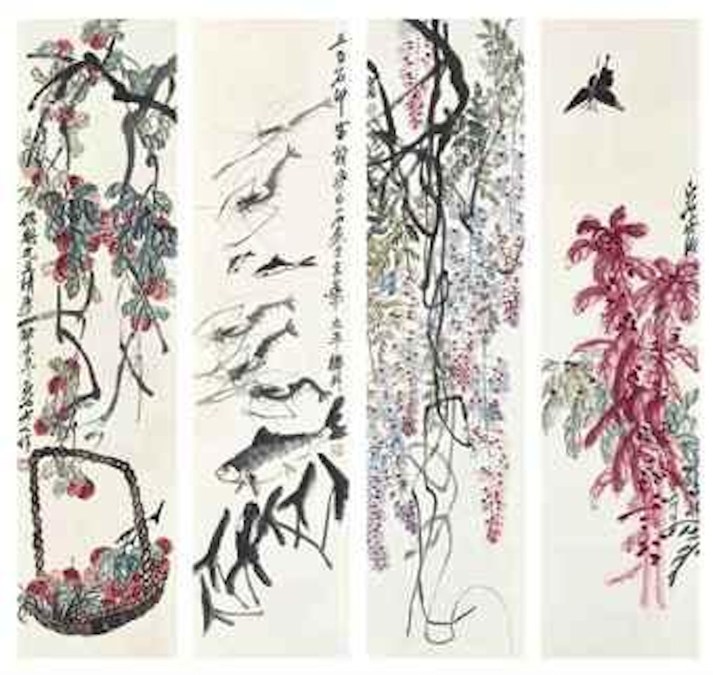 Between Likeness & Unlikeness – Amaranth, Wisteria, Aquatic Life, Lychees by Qi Baishi