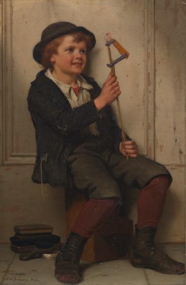 Little boy with mechanical climber toy by John George Brown