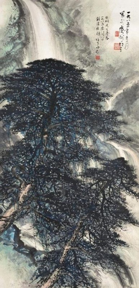 Pine trees and waterfall by Li Xiongcai