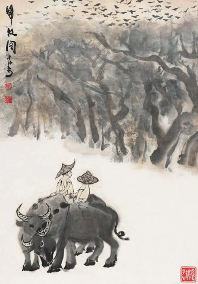 Boys and buffaloes by Li Keran