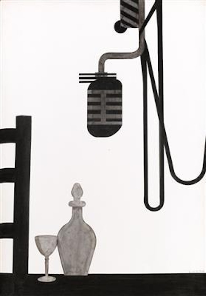 Microfono con bottiglia e bicchiere by Alighiero Boetti