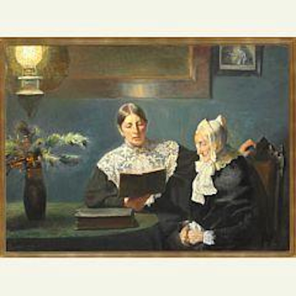 Interiør med Anna Ancher der læser højt for sin Moder fru Brøndum.  Interior with Anna Ancher reading to her mother Mrs Brøndum by Michael Ancher