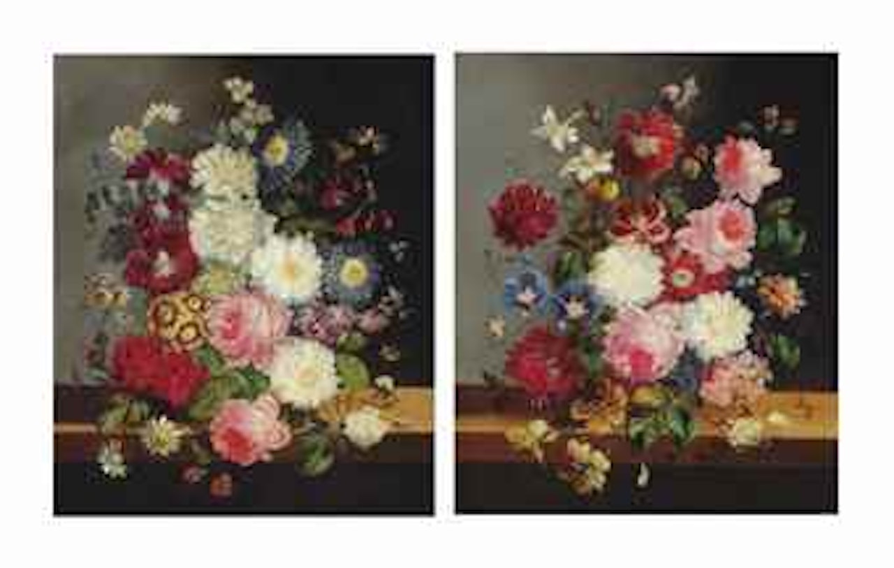 Still life with flowers resting on a ledge by Continental School
