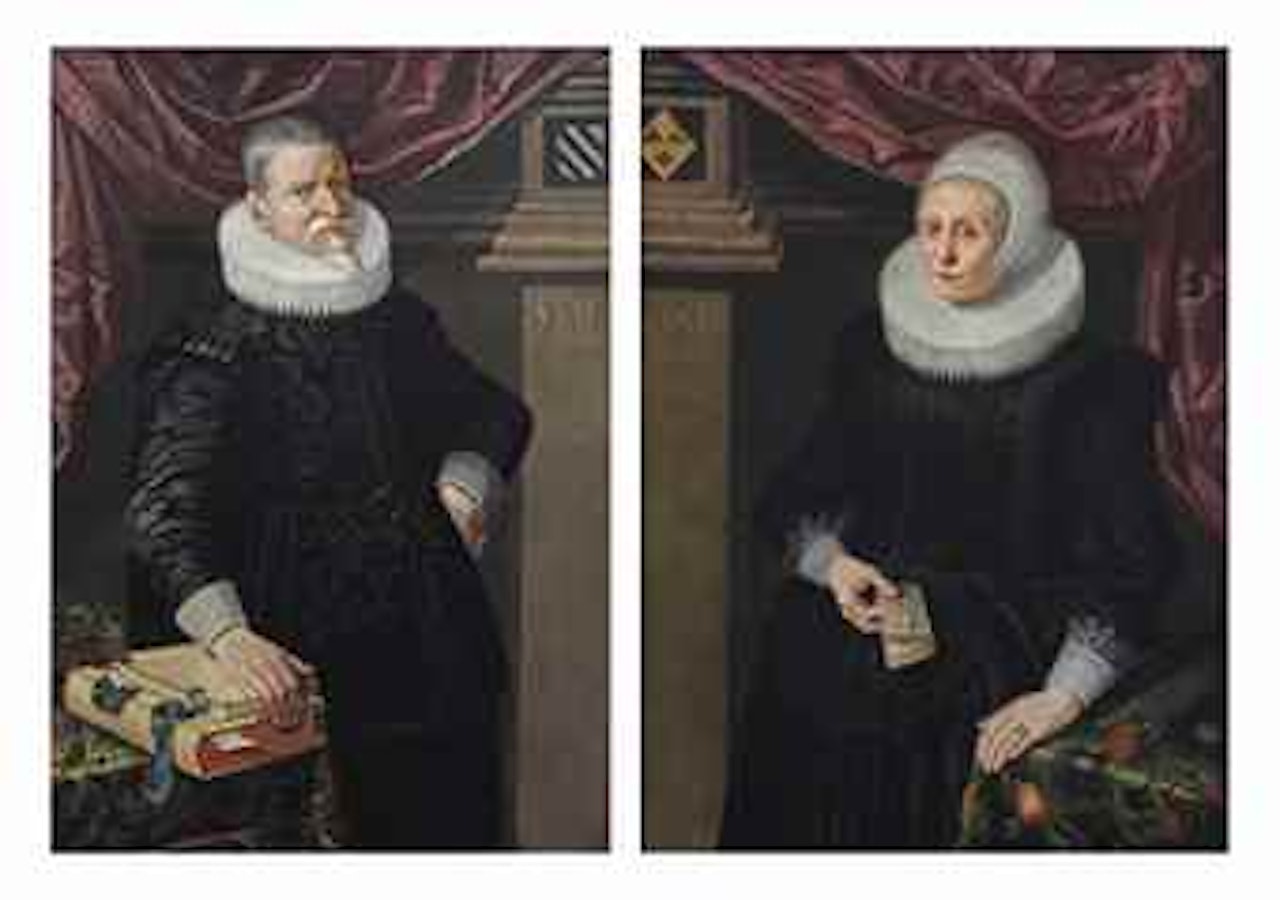Portrait of a gentleman, aged 69, three-quarter length, in a black embroidered costume with a 'molensteenkraag', standing before a curtain with his right hand on a book; and Portrait of a lady, aged 50, three-quarter length, in a black embroidered dress with a 'molensteenkraag', standing before a curtain, holding a bible by German School