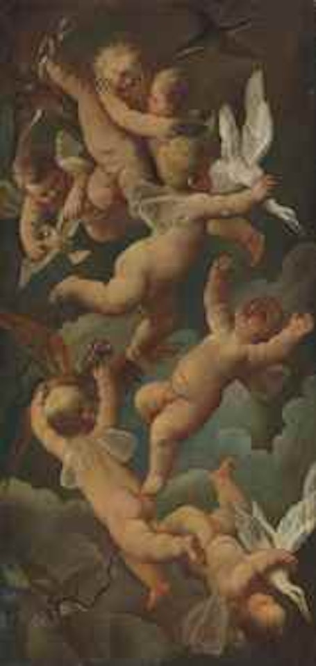 Flying cherubs with exotic birds by Circle of Luca Giordano