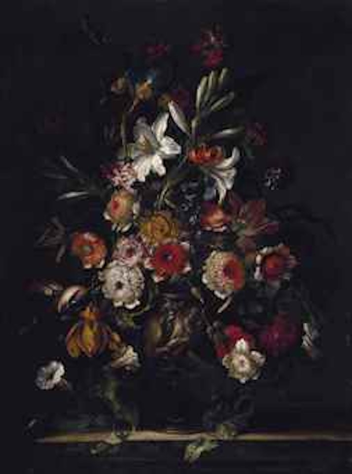 Roses, tulips, lilies and other flowers in a decorated urn on a stone ledge by Italian School