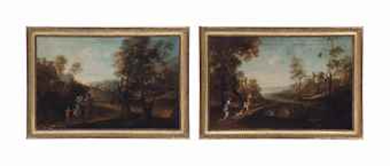 An Italianate river landscape with travelers on a path; and An Italianate landscape with travelers on a path by Italian School