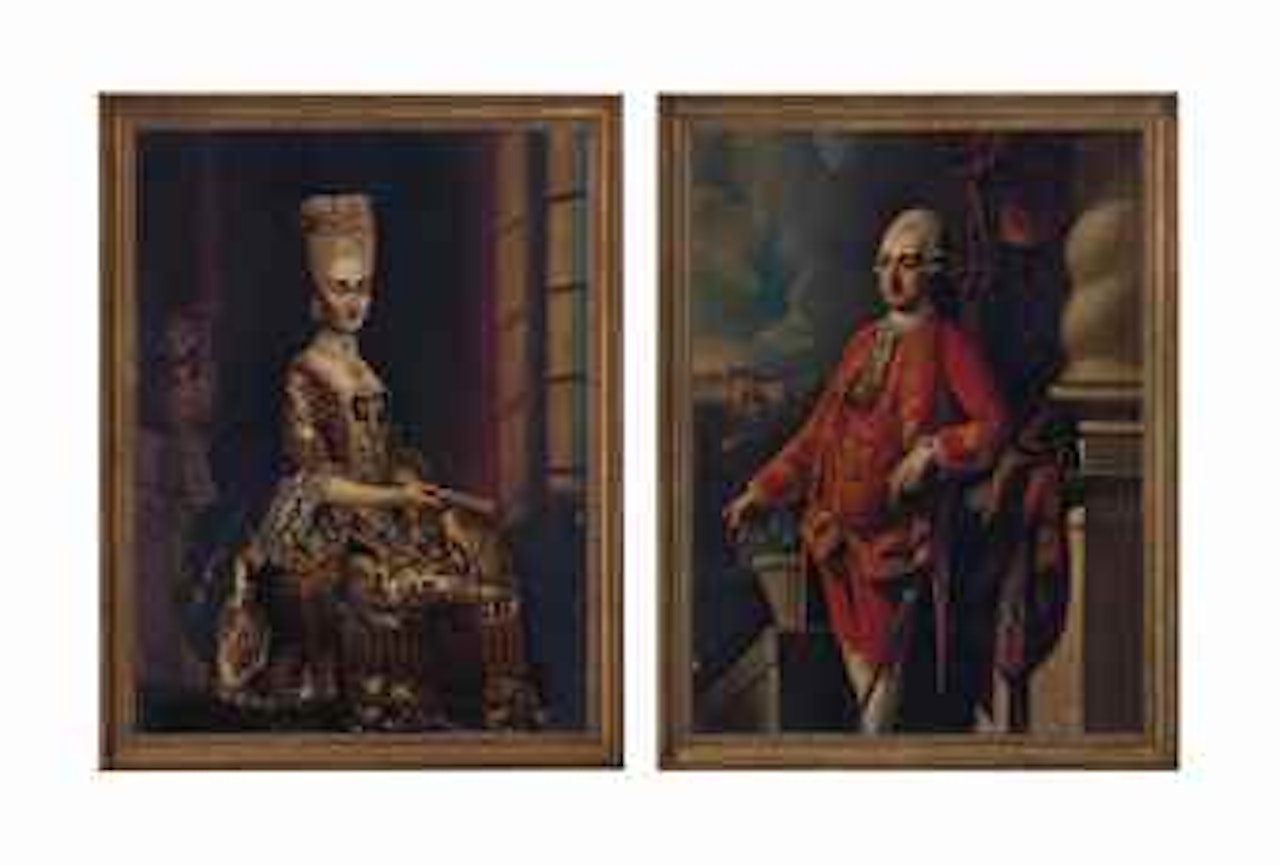 Portrait of gentleman, three-quarter-length, in a red jacket, an Italianate villa beyond; and Portrait of a lady, seated, three-quarter-length, in a richly embroidered dress by French School