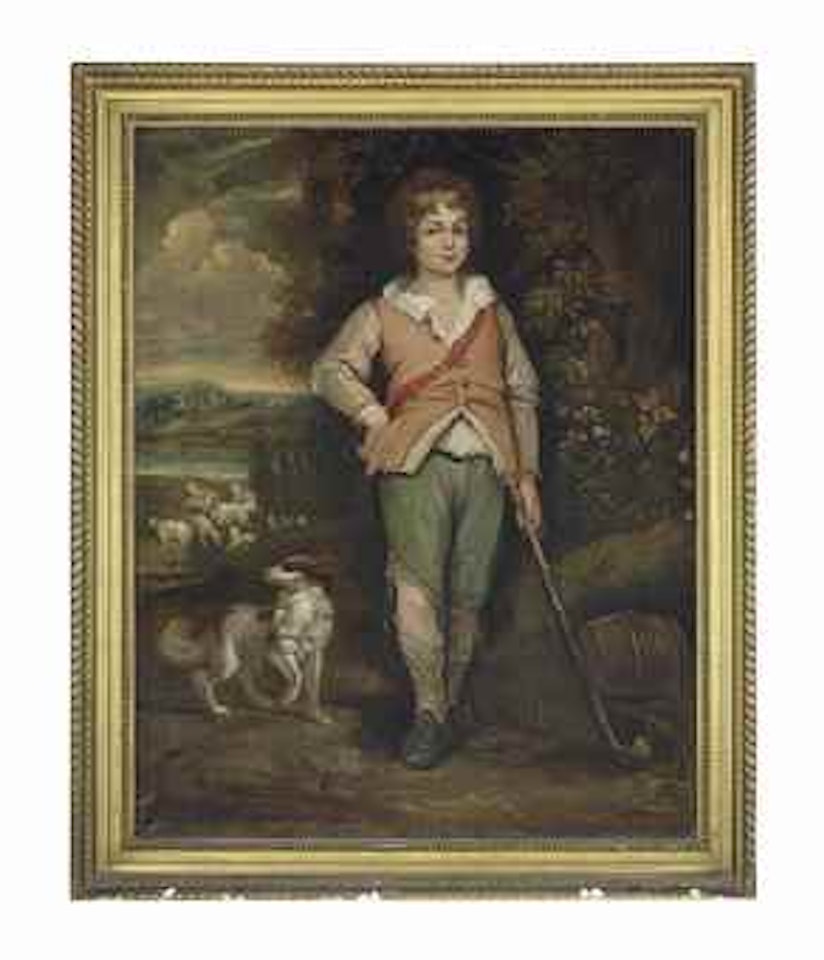 Portrait of a young boy of the Barratt family as a shepherd, full-length, in a striped orange waistcoat and green trousers, with a dog and sheep in the distance by English School