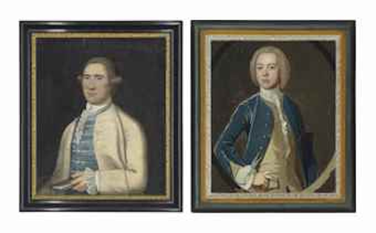 Portrait of a gentleman, half-length, in a cream coat, blue waistcoat and white lace stock, carrying a book; and English School by English School