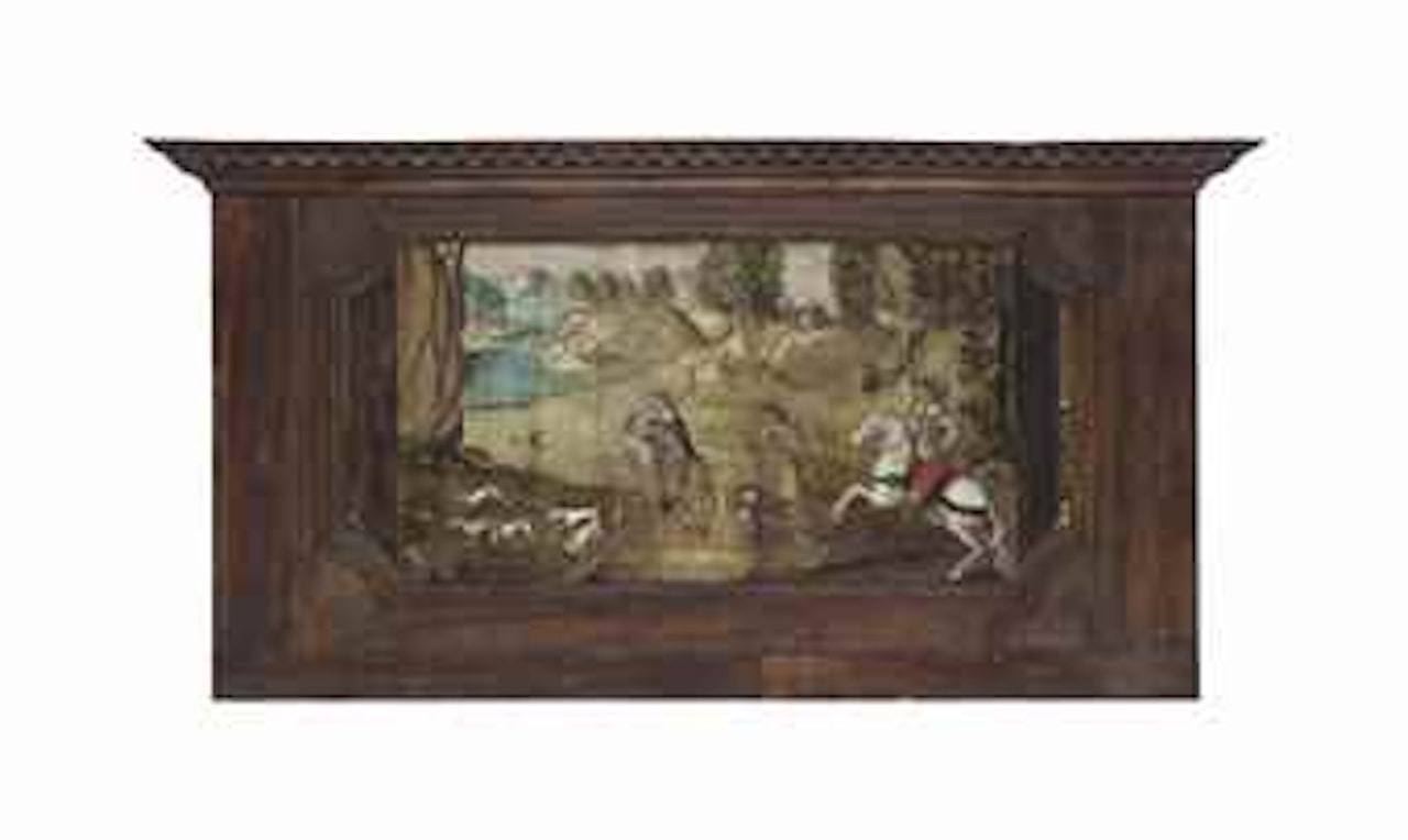 An extensive landscape with gentlemen on horsebacks falcon hunting with a pack of dogs, monks and a church beyond by English School