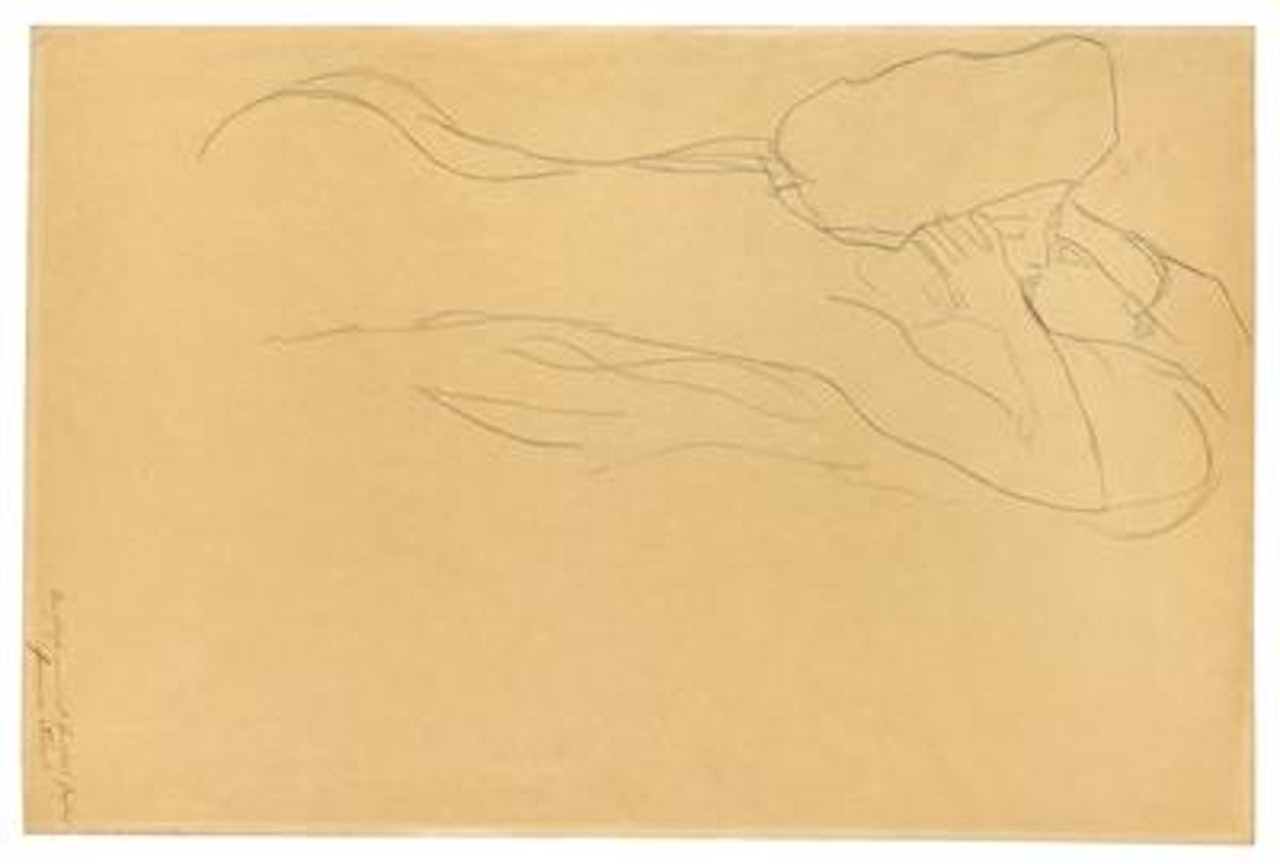 Reclining nude inclined to the right, supporting her head with both hands by Gustav Klimt