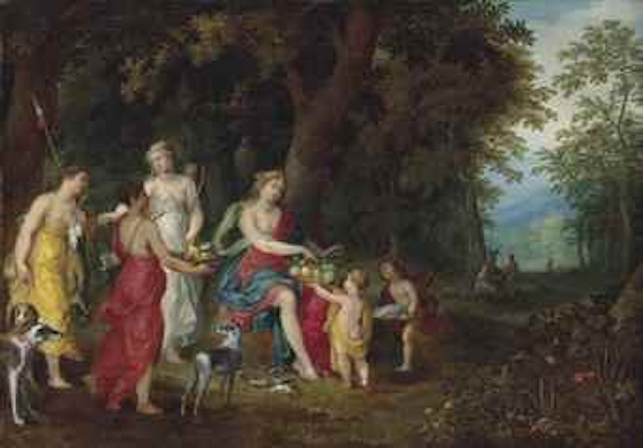 Diana and her maidens after the hunt, in a wooded landscape by Abraham Govaerts