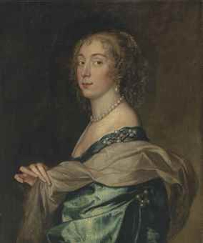 Portrait of a lady, believed to be Penelope, Lady Bayning (1620-1647), later Lady Herbert, half-length, in a blue satin gown by Anthony van Dyck