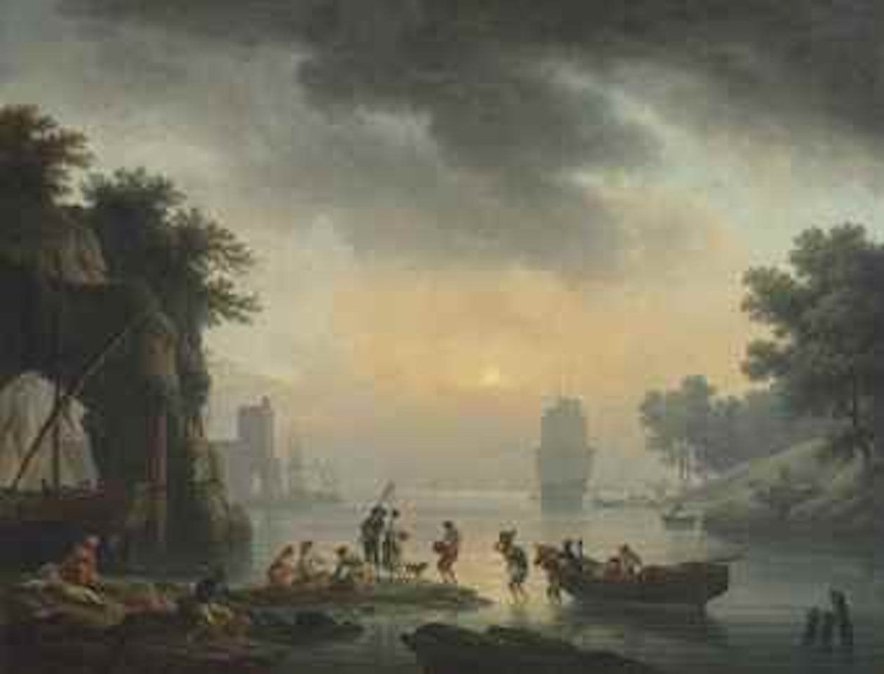 Mediterranean seaport with fishermen unloading cargo and figures resting on the shore by a rocky outcrop, a man-o'-war in the distance by Claude Joseph Vernet