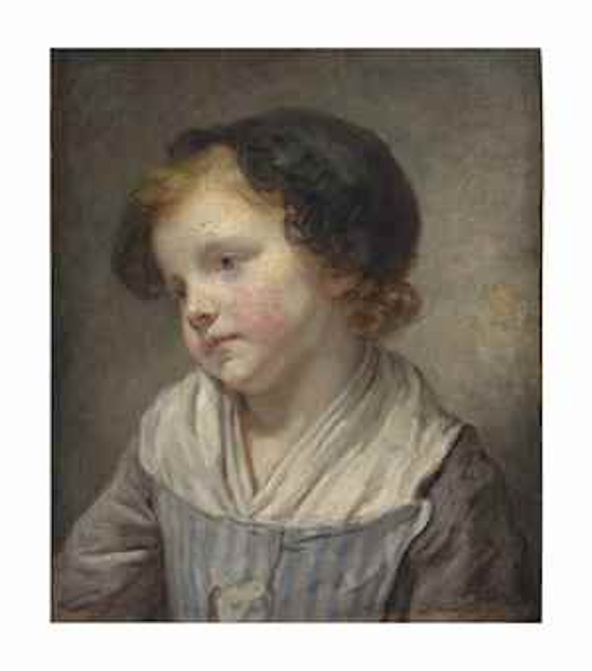 A young girl, bust-length, in a blue and white striped pinafore with grey sleeves and a black lace bonnet by Jean-Baptiste Greuze
