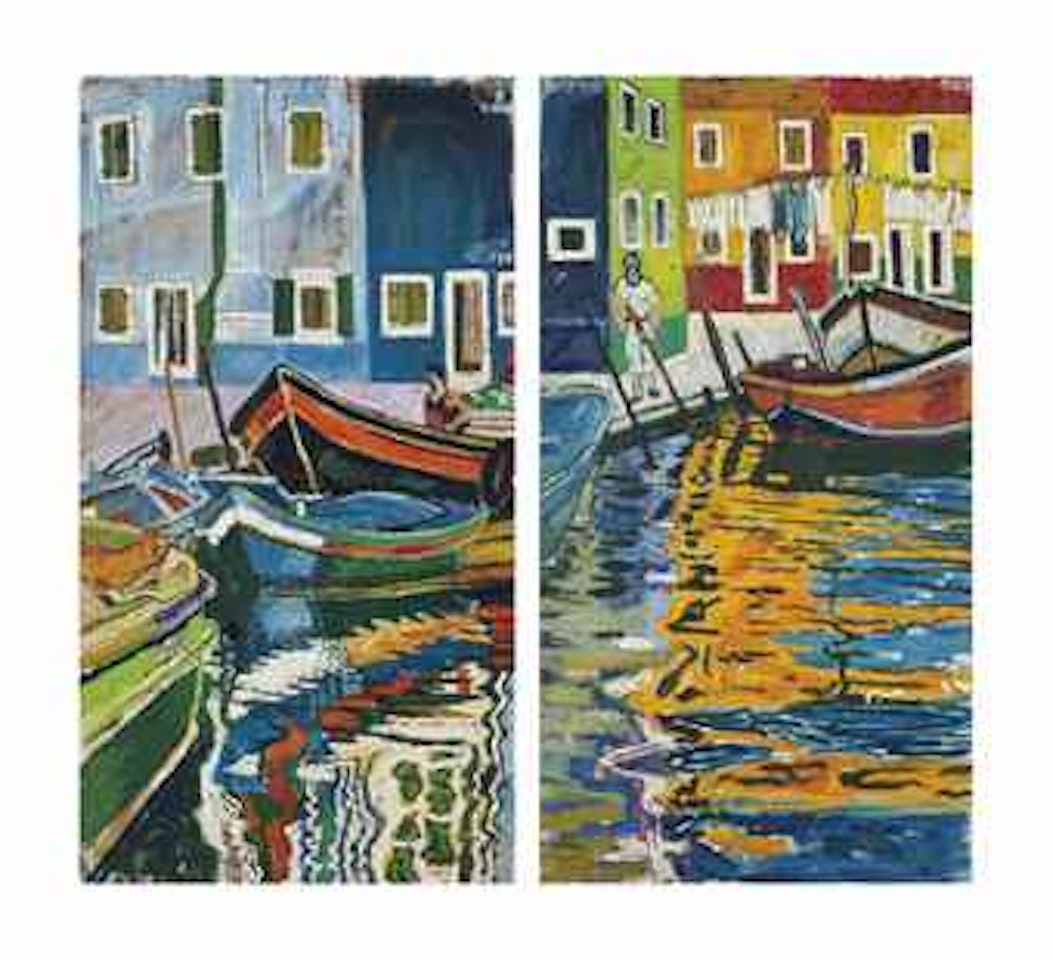 Boatsman, Burano; and A walk by the canal by John Bratby