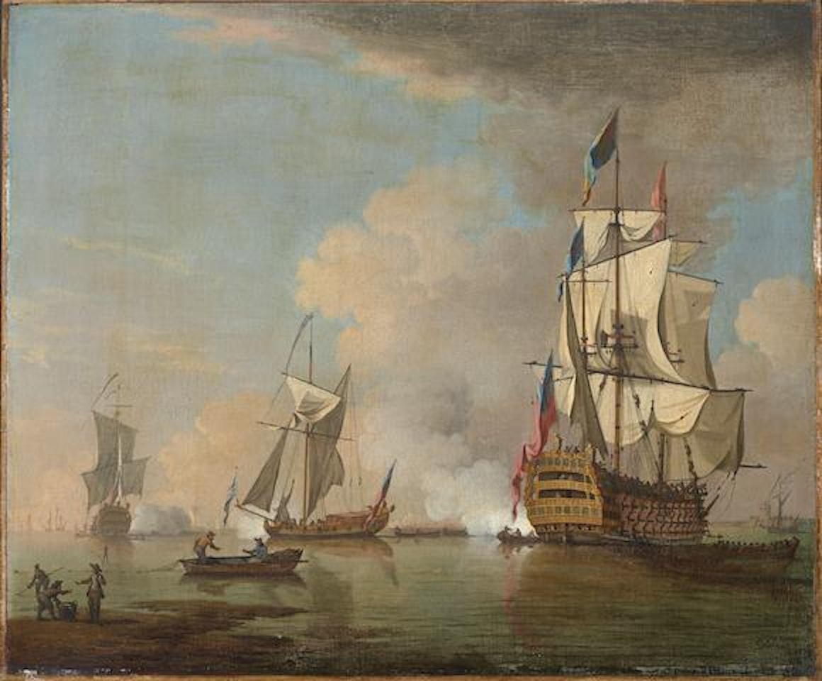 A British man o' war firing a salute in calm seas with other vessels, fishermen and their catch on the shore in the foreground by Peter Monamy