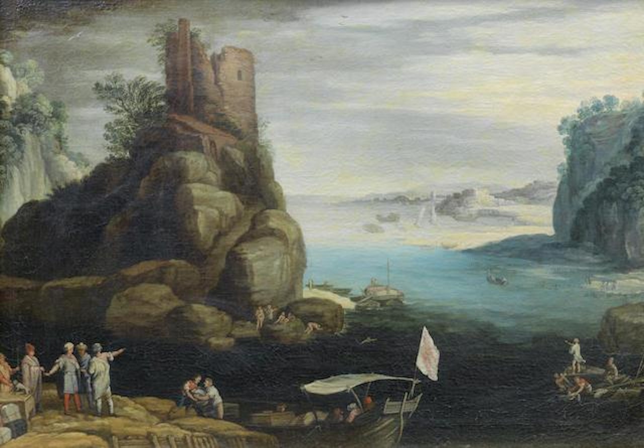A shepherd resting with his flock before an extensive river landscape; and Figures on the shore before an extensive river landscape by Paul Bril