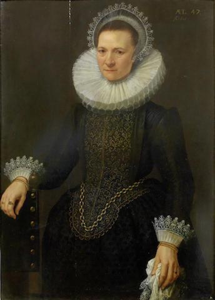 Portrait of a lady, half-length, in a black embroidered dress by Cornelis van der Voort