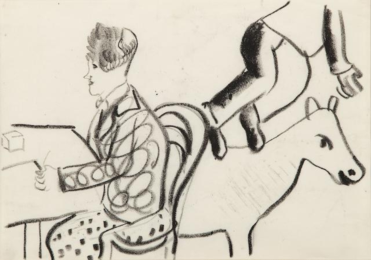 Dessin pr�paratoire pour la lithographie M. 35, 'A table, homme et animal assis � table by Marc Chagall