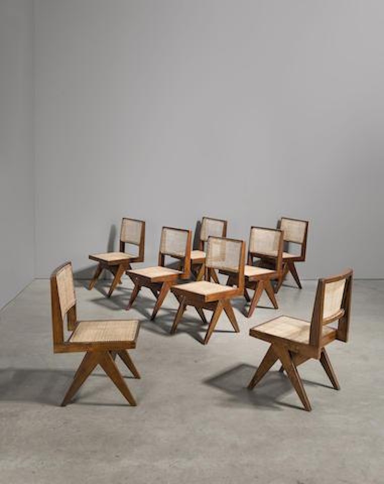 Set of eight Chairs V Type Cane Seat Cane Back by Pierre Jeanneret