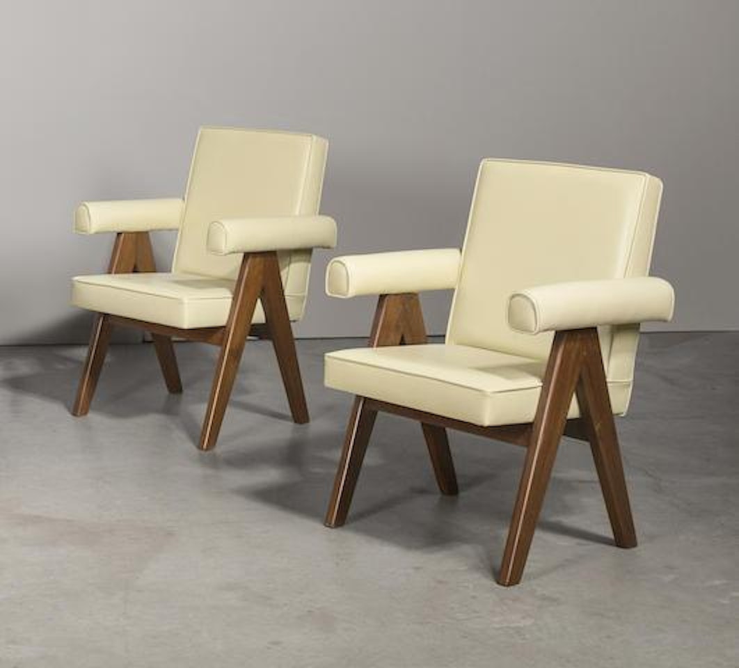 Pair of Upholstered Office Easy armchairs by Pierre Jeanneret