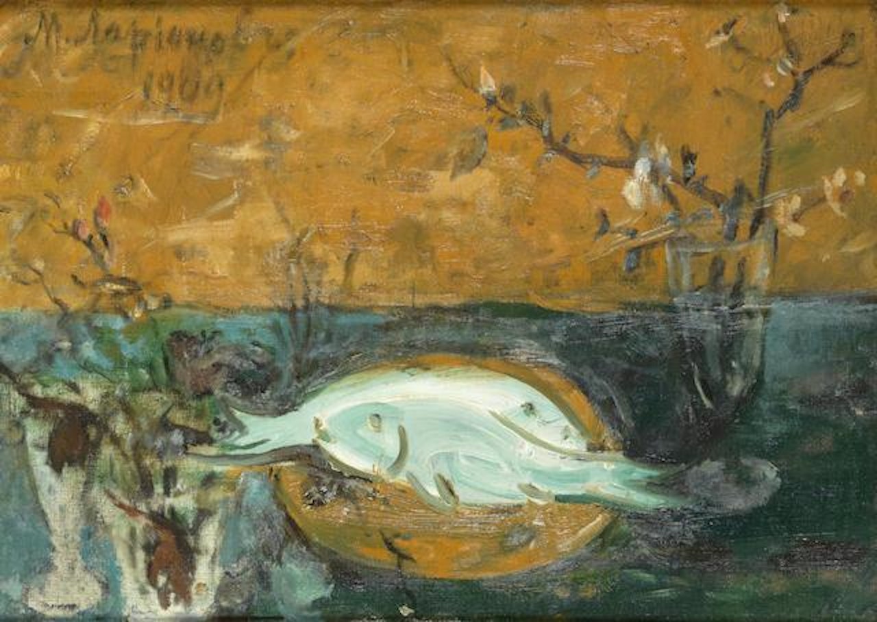 Still life with fish and flowers by Mikhail Larionov