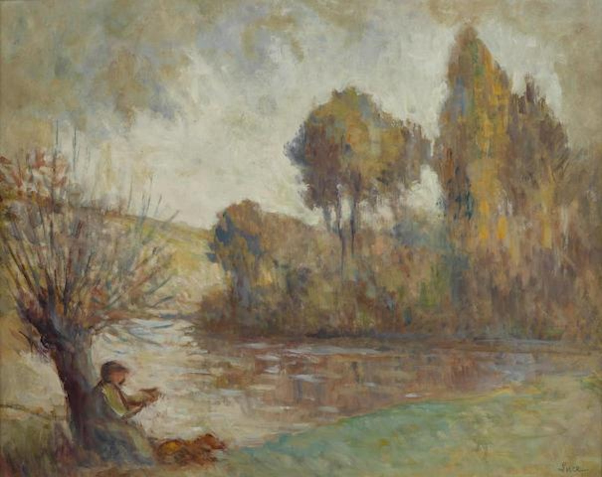 Le p�cheur et son chien au bord de la rivi�re by Maximilien Luce