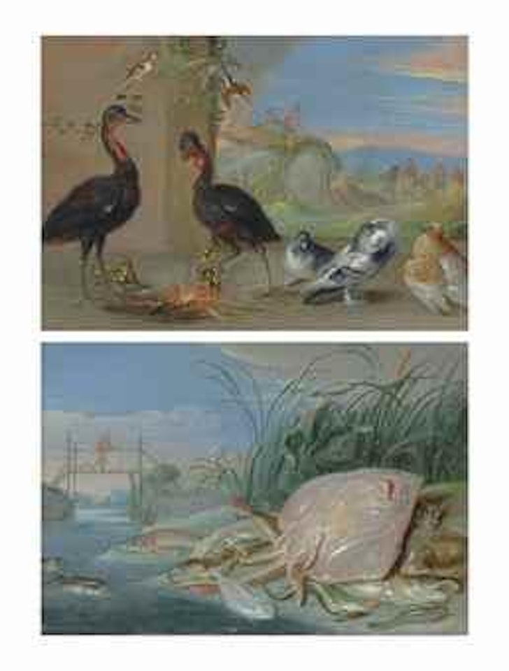 A skate, a cod, a sturgeon and other fish on the bank of a river, with figures crossing a bridge beyond by Jan Van Kessel The Elder