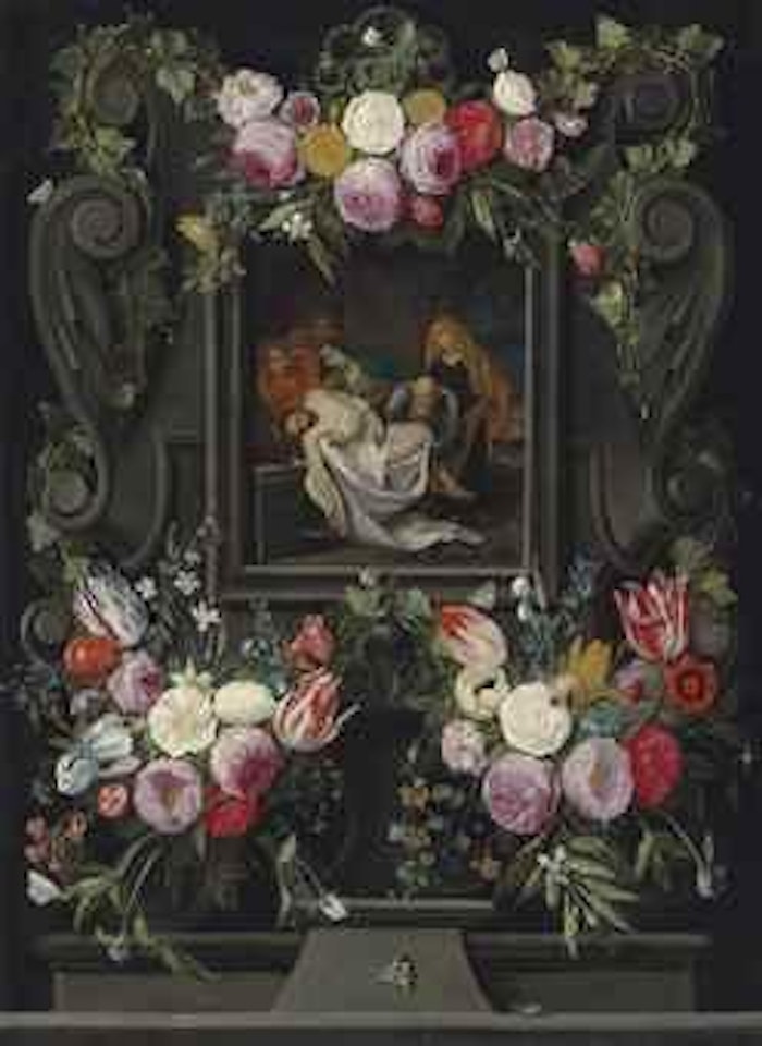The Lamentation, in a sculpted cartouche on a ledge, surrounded by swags of flowers with butterflies and a beetle by Jan Van Kessel The Elder