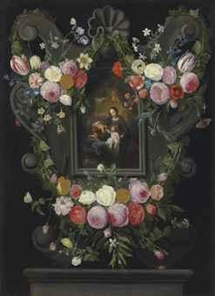 The Virgin and Child with the Infant Saint John the Baptist, in a sculpted cartouche on a ledge, surrounded by swags of flowers with butterflies and a beetle by Jan Van Kessel The Elder
