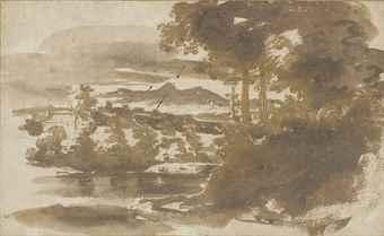 An Italian landscape with trees to the right and towns in the background by Jan de Bisschop