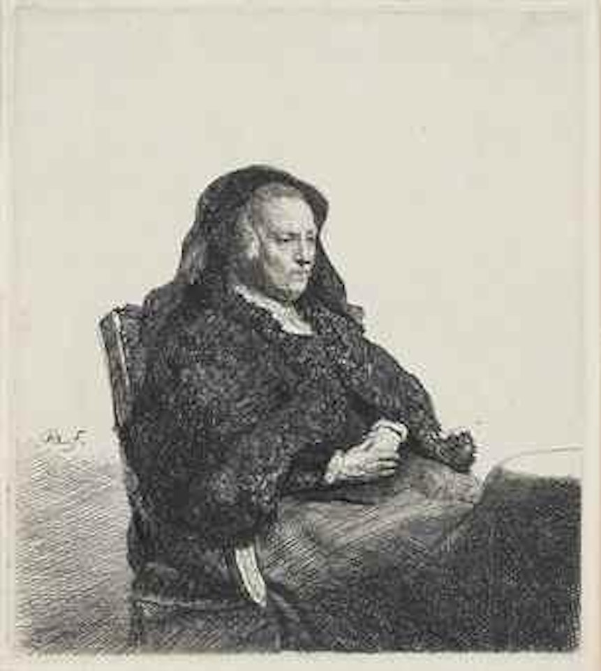 The Artist's Mother, seated at a Table, looking right: three quarter length by Attributed to Rembrandt Harmensz van Rijn