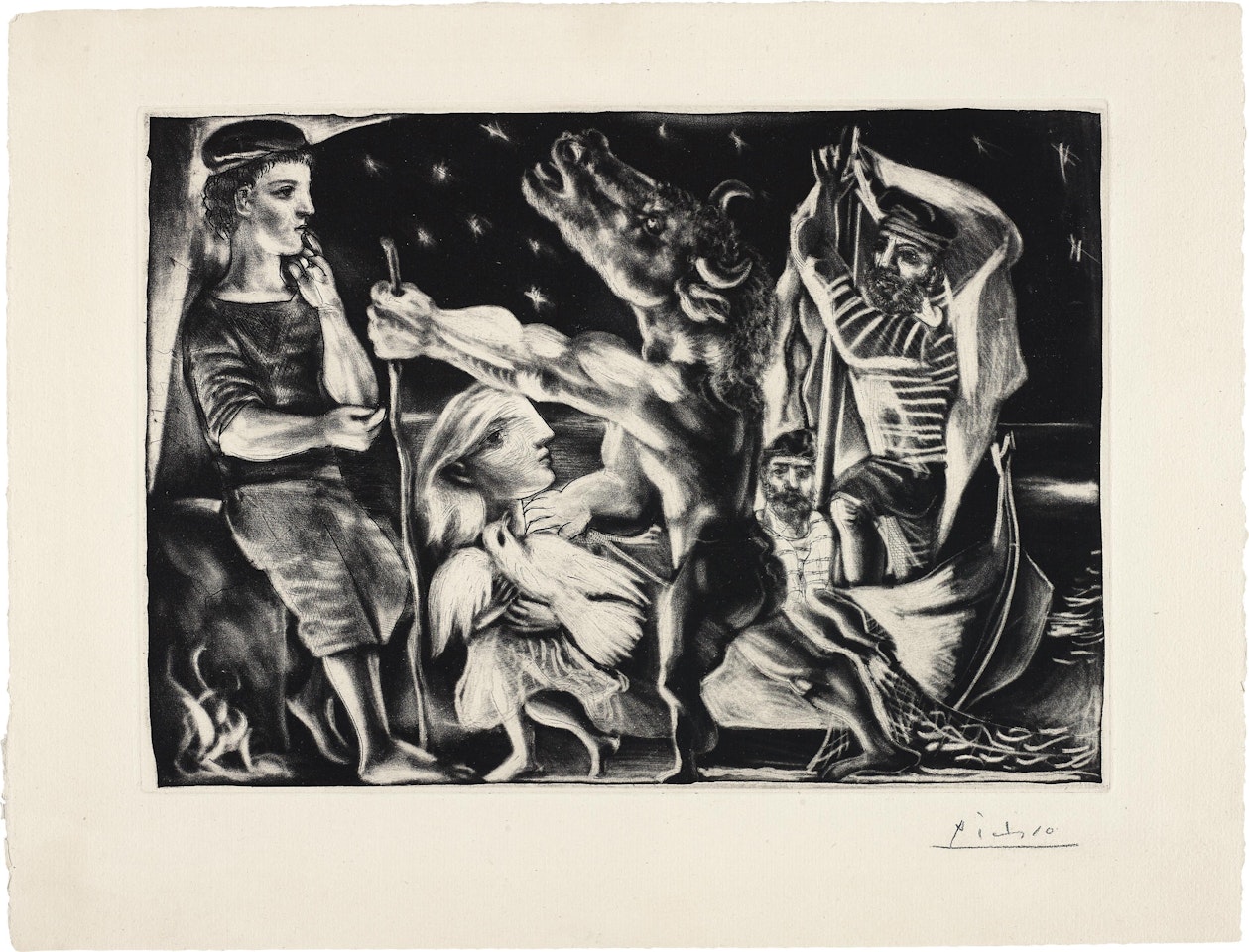 Minotaure aveugle guid� par Marie-Th�r�se au pigeon dans une nuit �toil�e (Blind Minotaur Guided Through a Starry Night by Marie-Th�r�se with a Dove), plate 97, from La Suite Vollard by Pablo Picasso