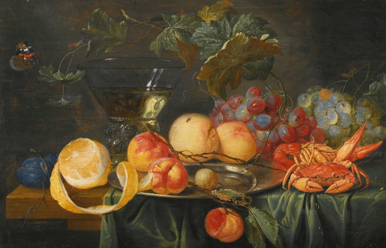 Still Life of Peaches, Plums, Grapes and a Lemon, with a Crab, a Lobster, and a Glass Roemer, on a Partly Draped Table by Jan Van Kessel The Elder
