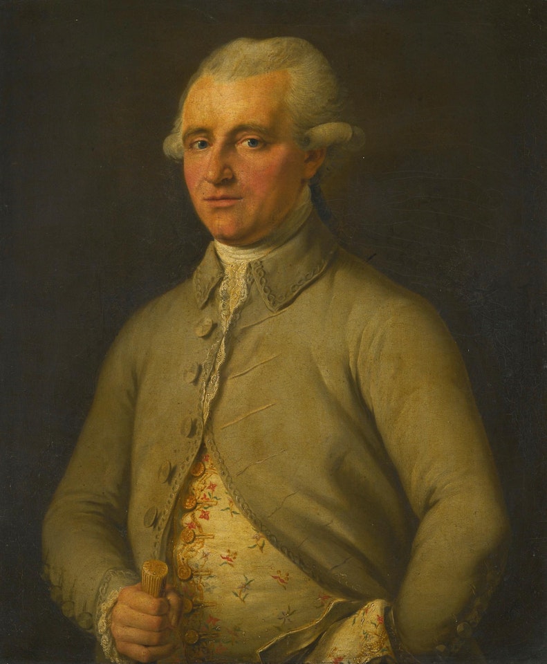 Portrait of a Gentleman, Believed to be James Money, Half-length, Wearing a Brocade Waistcoat, Lace Cravat and Green Coat, Holding a Cane in his Right Hand by Angelica Kauffmann