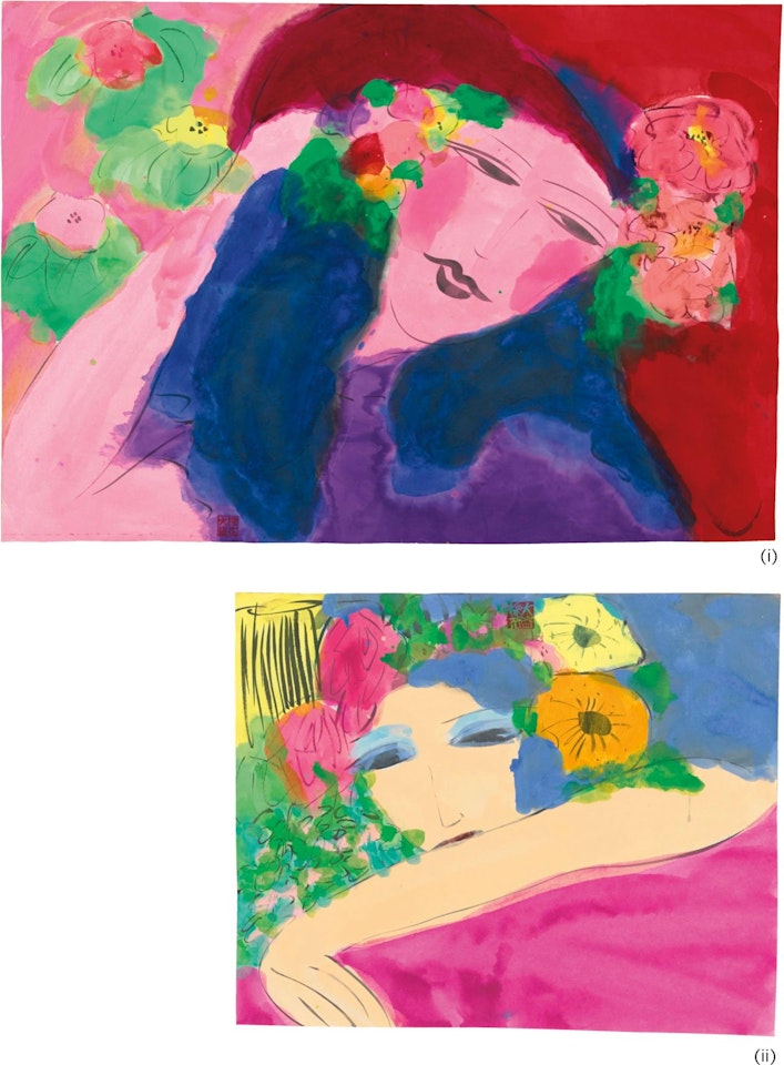 I Woman with a Hat; II Woman with Flowers (Two Works) by Walasse Ting