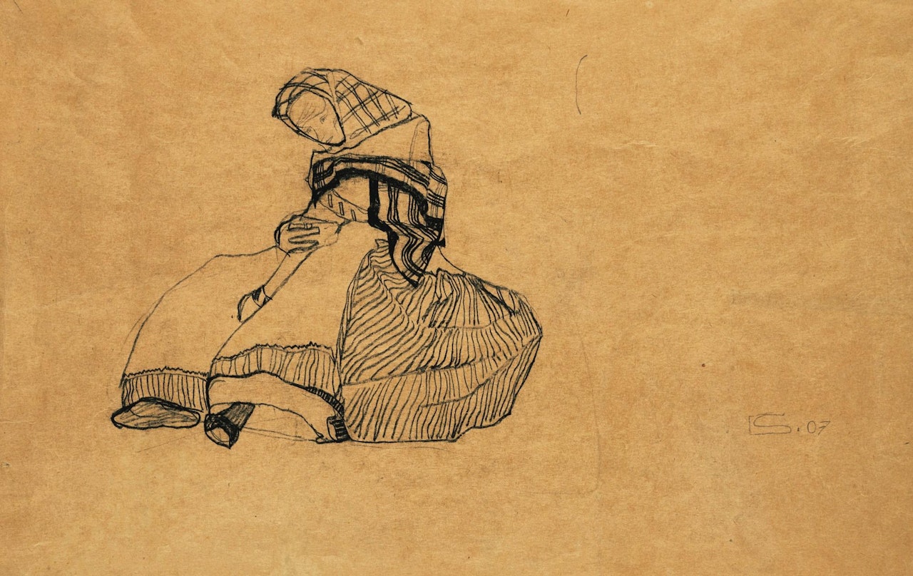 Sitzende B�uerin (Seated Peasant Woman) - Recto Studie Von D�chern (Study of Roofs) - Verso by Egon Schiele