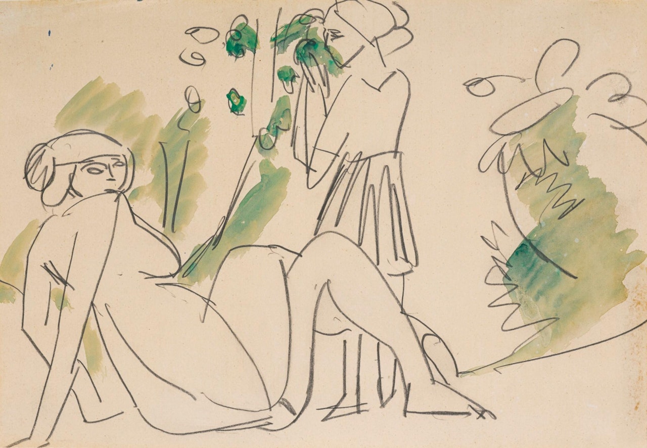 Zwei Frauen in Landschaft (Am Boden Hockender Weiblicher Akt) (Two Women in a Landscape (Female Nude Seated on the Ground)) by Ernst Ludwig Kirchner
