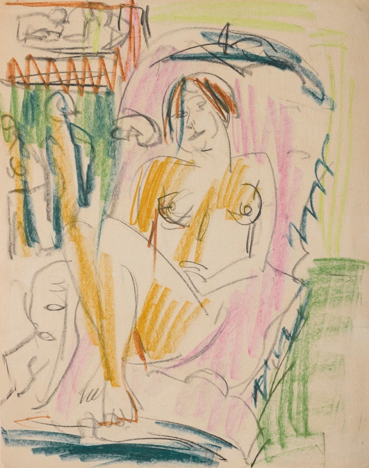 Weiblicher Akt Im Sessel (Im Liegestuhl) (Female Nude in Armchair (on A Reclining Chair)) - Recto; Akt Im Waschzuber (Nude in a Bath Tub) - Verso by Ernst Ludwig Kirchner