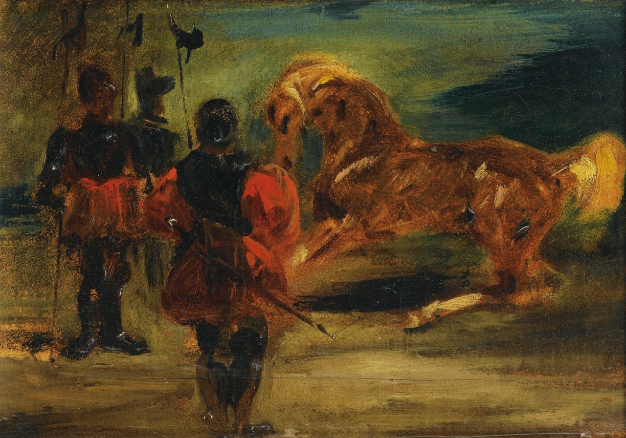 Un cheval et trois hommes d'armes by Eugene Delacroix