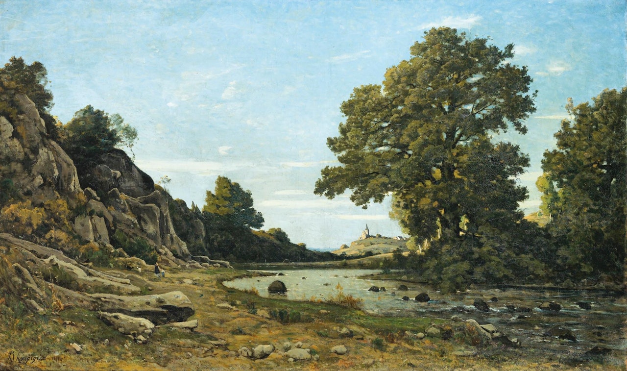 Paysage de rivi�re avec un village � L'arri�re-plan by Henri Harpignies