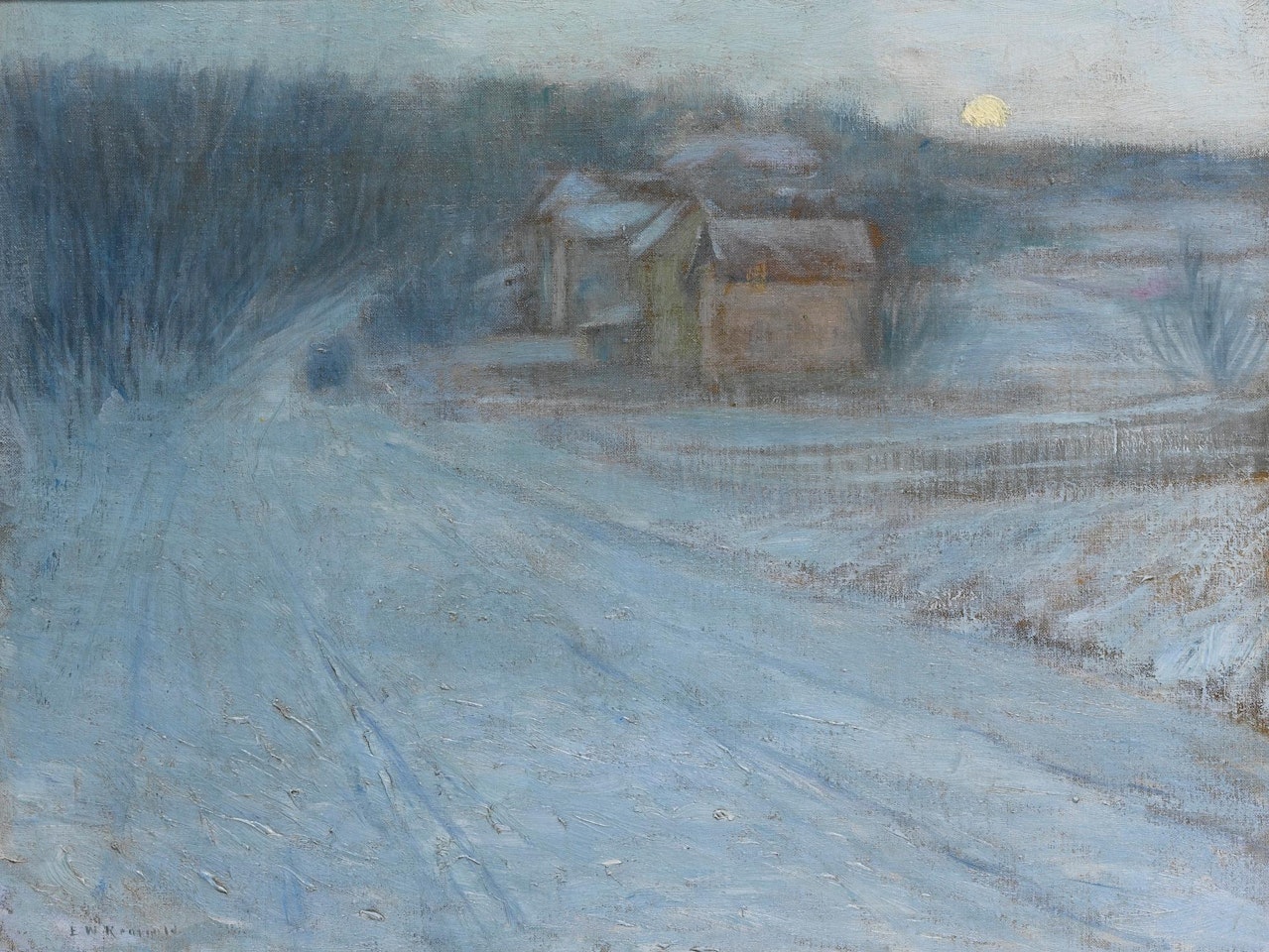 Moon rising over winter landscape and verdant landscape: A double-sided painting by Edward Willis Redfield